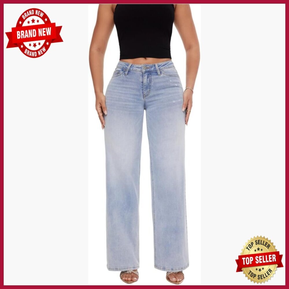 Wide Leg Baggy Jeans Mid-Low Rise Distressed Stretchy Denim Pants